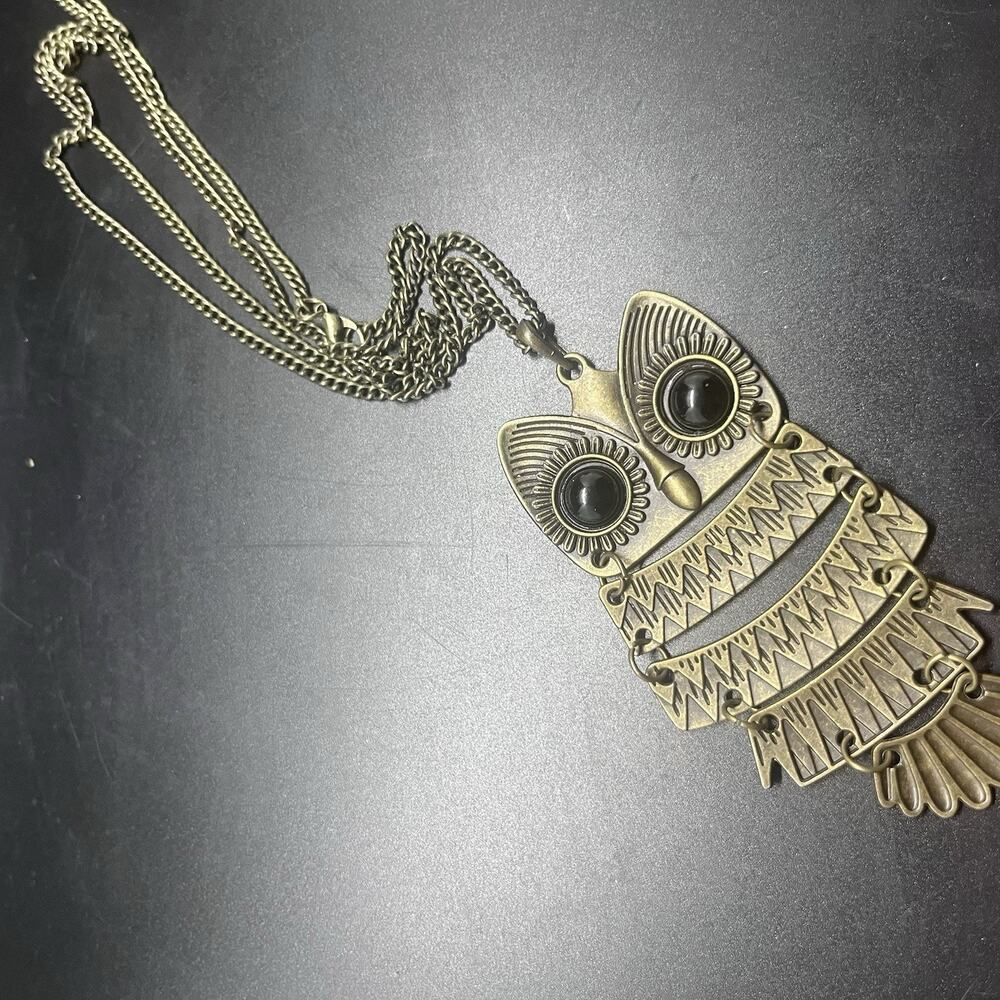 Vintage Brass Owl Necklace Reticulated 60s 70s Retro